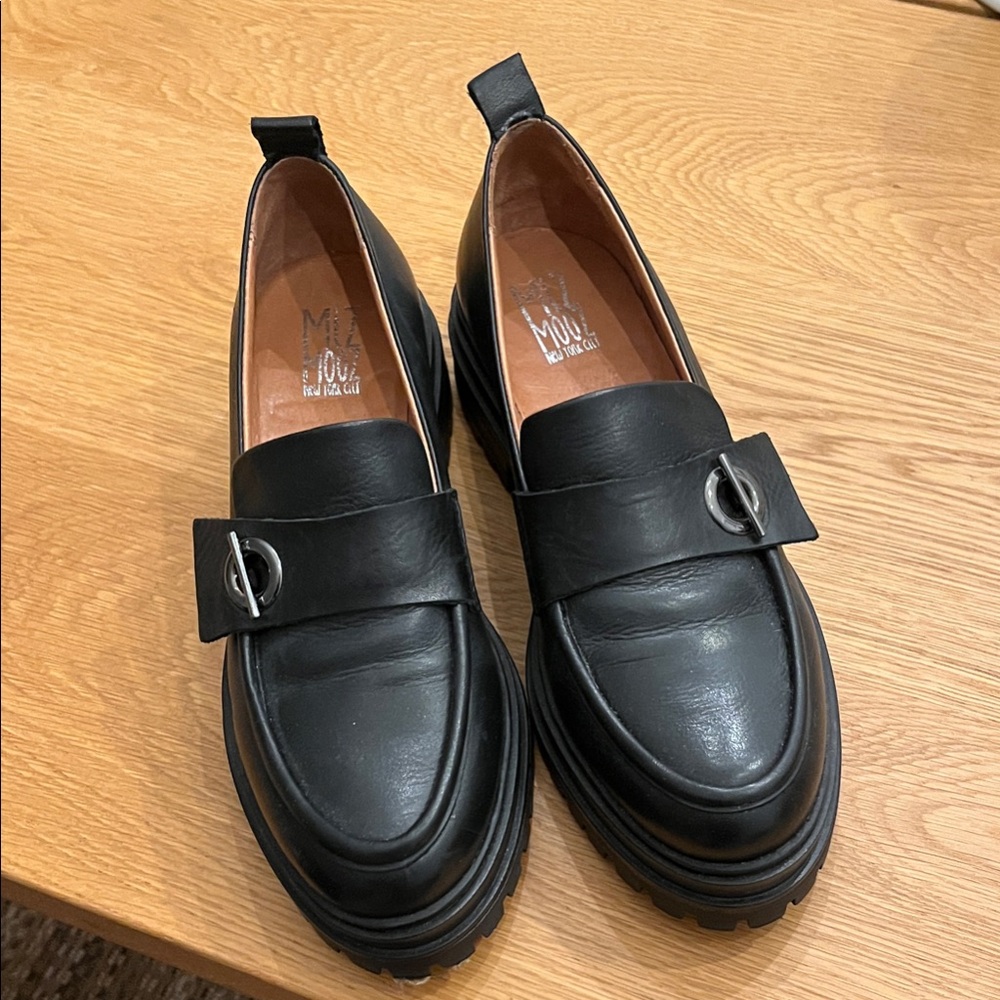 Miz Mooz Black Leather Buckle Loafers